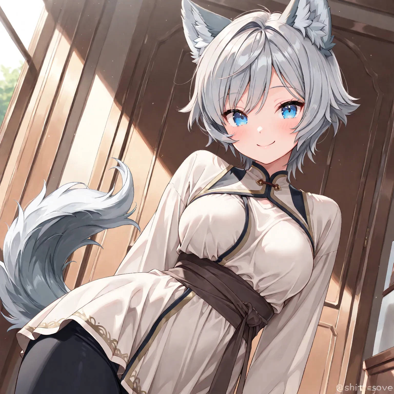 ((masterpiece)), (( Best Quality)), (( Hi-Res)), 、8k、((   Detailed Description  )),  adult female 20s、1 person(  wolf ear、gray hair、 shortcuts、 short hair 、 straight 、Blue Eyes、 wolf tail 、cute、、medium breasts)、(( plain clothes 、smile))