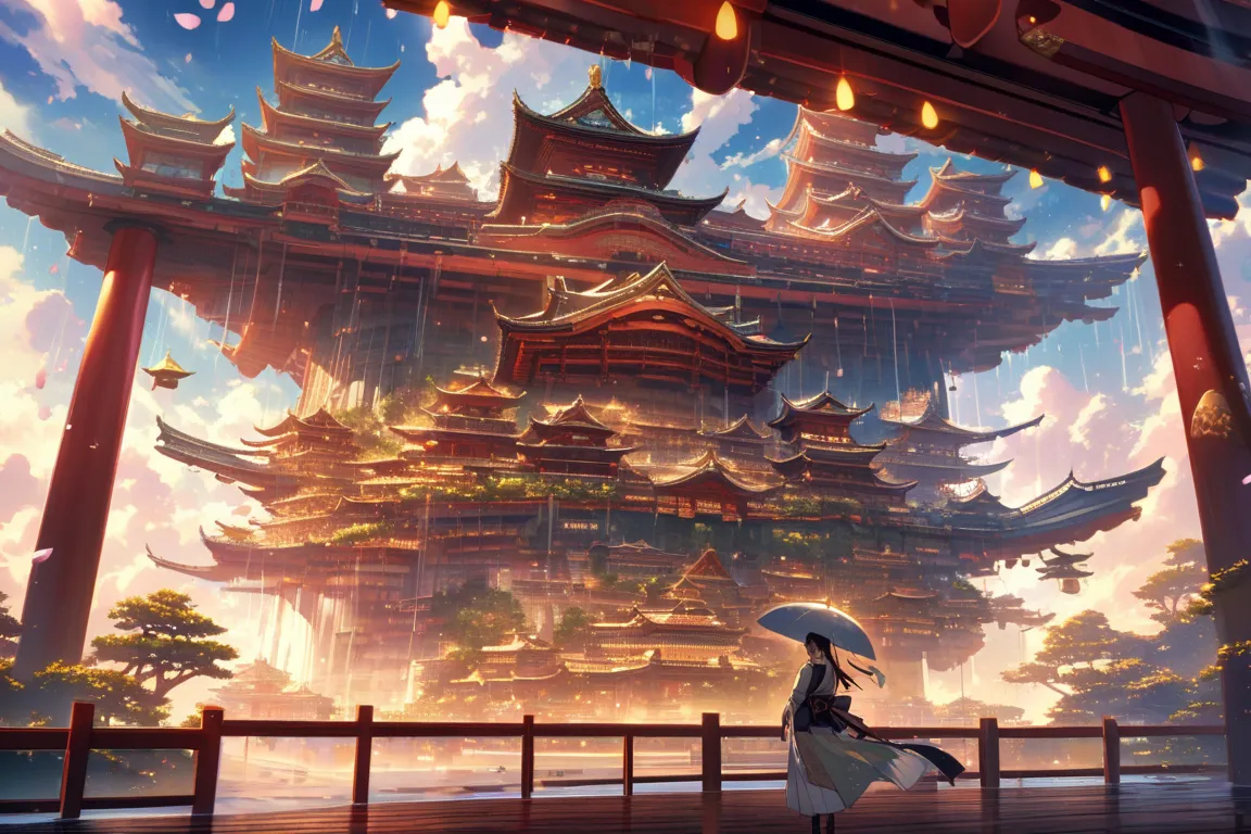 A breathtaking floating city inspired by traditional Japanese architecture, suspended above the clouds after a rain shower. The city features grand wooden pagodas, intricate torii gates, and curved rooftops adorned with golden ornaments, glistening with ra...