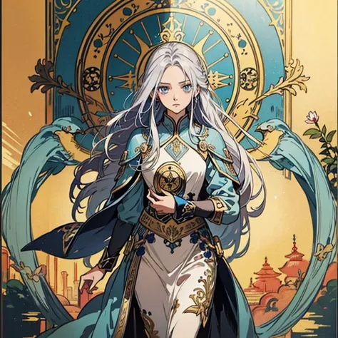  people are real touch、Background is tarot style, 1 girl in her 20s, Gaze forward,in front,Long silver hair, Light Blue Eyes,  Gold Full Plate Armor ， sword and shield，非常にDetailsな壁紙,Zodiac sign ，best quality,  , realistic lighting,Floral frame， Decorative ...