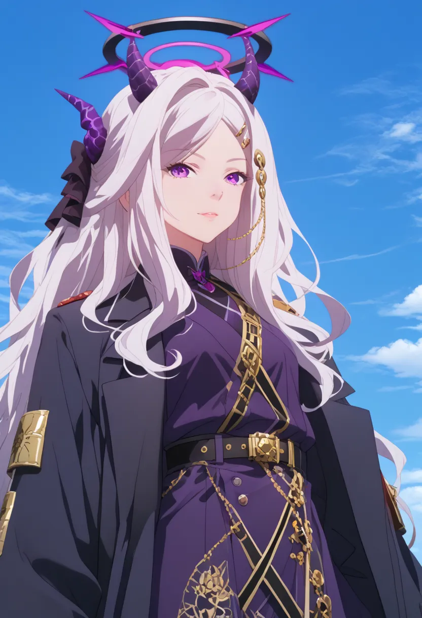 (((  Sorazaki Hina)))、(((  Silver Hair)))、((( long hair)))、(((dark purple clothes)))、(((purple and black halo on the head)))、Purple Horn、(((dark purple long coat)))、((( )))、(((((blue sky)))))、(((((Turf)))))、{{{NFSW}}}、{{{masterpiece}}}, {{{Best Quality}}},...