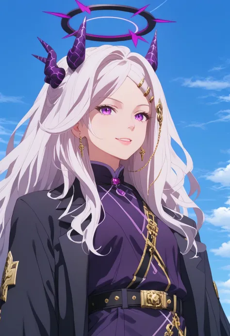 (((  Sorazaki Hina)))、(((  Silver Hair)))、((( long hair)))、(((dark purple clothes)))、(((purple and black halo on the head)))、Purple Horn、(((dark purple long coat)))、((( )))、(((((blue sky)))))、(((((Turf)))))、{{{NFSW}}}、{{{masterpiece}}}, {{{Best Quality}}},...