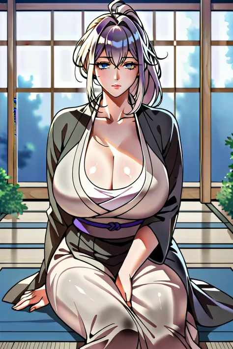 score_9, score_8_up, score_7_up, score_6_up, source_anime, rating_explicit, shiny skin,light particles,mature female, 1girl,solo,Narrow shoulders,very long hair, bangs, blue eyes, white hair, cleavage, collarbone, ahoge, japanese clothes, kimono, sash, bla...