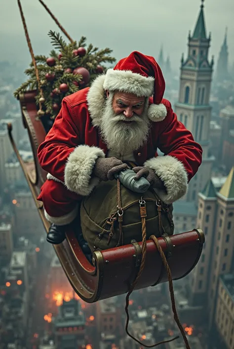 Santa Claus drops a bomb over Moscow from a sleigh.