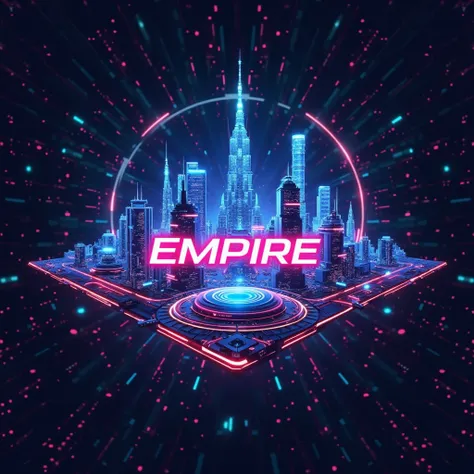 "Design a futuristic, sleek banner for a YouTube channel named 'Atomos Empire.' The banner should feature a high-tech, digital cityscape with neon lights and glowing elements. The theme should evoke a sense of gaming and sci-fi, with elements such as virtu...