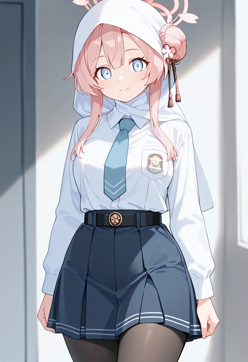 (masterpiece), best quality, expressive eyes, perfect face, high resolution, beautiful girl, curvy body, blushes, mimori \(blue archive\),blue eyes,pink hair,short hair,sidelocks,single side bun,hair flower, halo, tucked in sma shirt, sma necktie, sma belt...