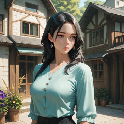 excellent performance,  colored iris , bright, Middle-Aged Woman, Jenny Blackpink,  camille sol shirt , medium breasts, upper body, very fine, High Definition, Best Quality, house, Semi-realistic, cowboy shot,  black hair 