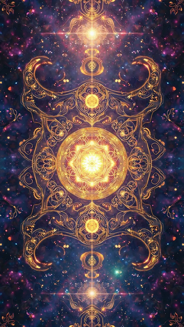 "A divine kaleidoscope of sacred geometry, featuring interlocking mandalas, golden spirals, and celestial symbols. The vibrant color palette includes deep purples, shimmering golds, and ethereal blues, evoking a sense of transcendence and mysticism."