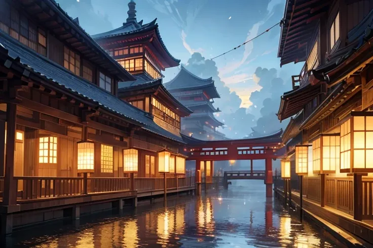 A breathtaking floating city inspired by traditional Japanese architecture, suspended above the clouds after a rain shower. The city features grand wooden pagodas, intricate torii gates, and curved rooftops adorned with golden ornaments, glistening with ra...