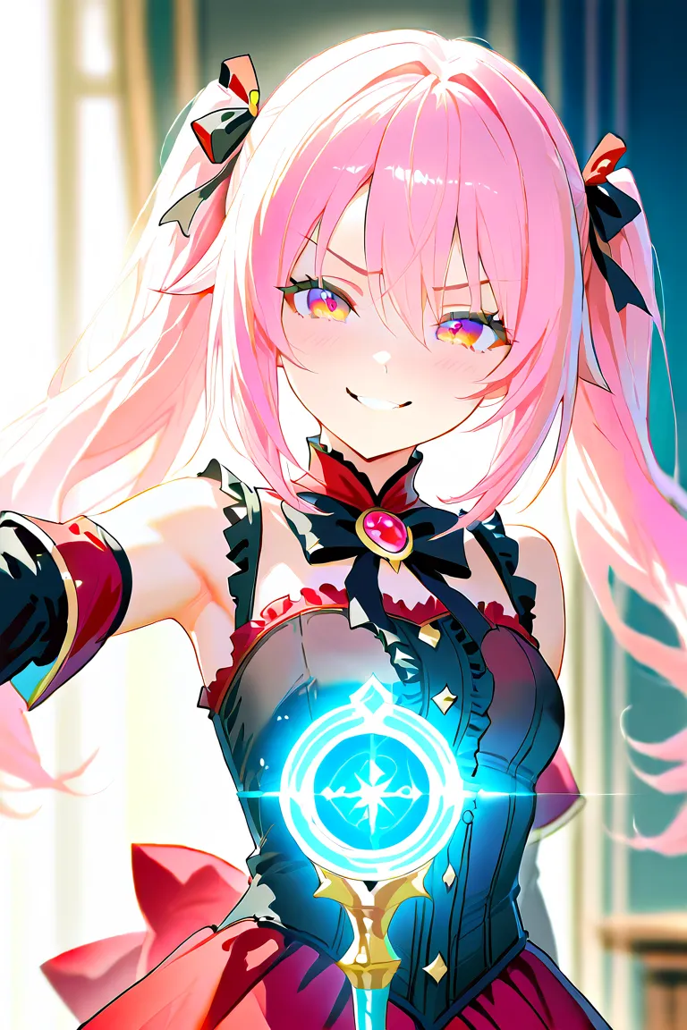 Magical Girl。pink hair。twin tails。 Bully。mean expression。 smirking 。 brown skin。Costumes based on red。black gloves。 frill。ribbons。magic wand。