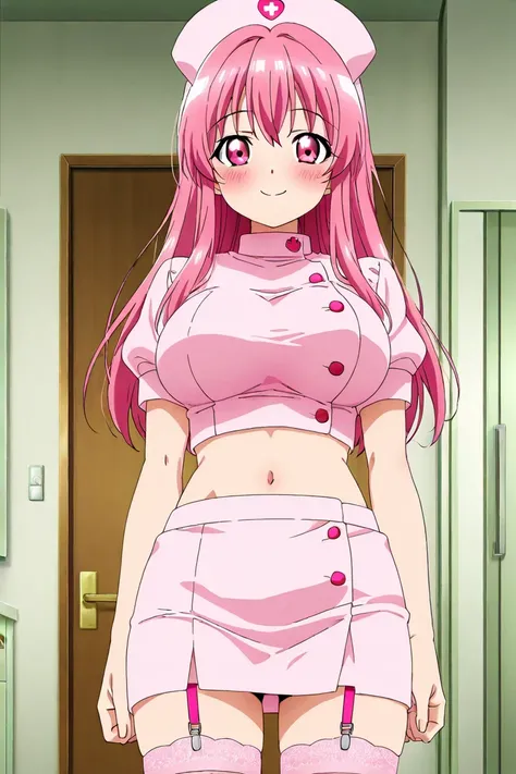 anime screencap, 1girl, solo, looking at viewer, cowboy shot, pink nurse, crop top, midriff, navel, pink miniskirt, pink garter strap, pink thighhighs, pink nurse cap, pink hair, long hair, pink eyes, large breasts, smile, blush, indoors