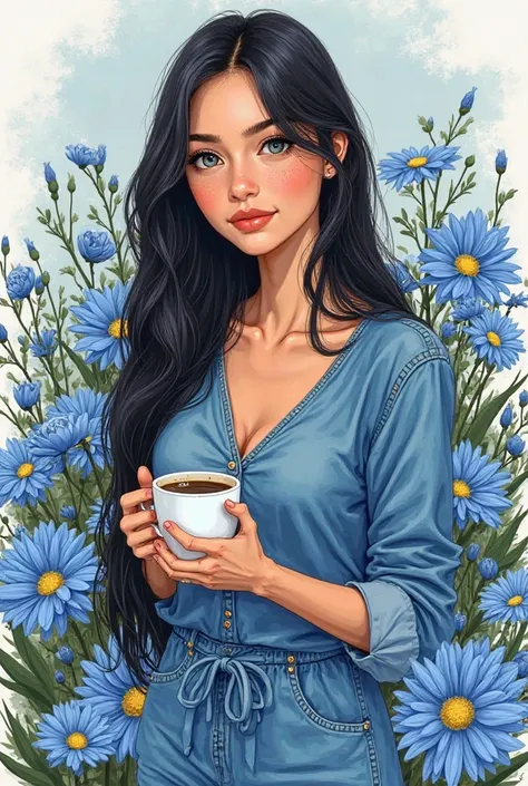 drawing of a long-faced white-skinned Brazilian girl with long straight black hair and in a blue flower garden, Wearing a blue denim outfit, with a cup of coffee and natural flowers, showing her natural charm and outgoing personality.