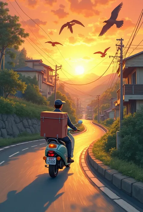 A young Japanese newspaper delivery man is riding a motorbike up a slope at sunrise、Crows are flying、