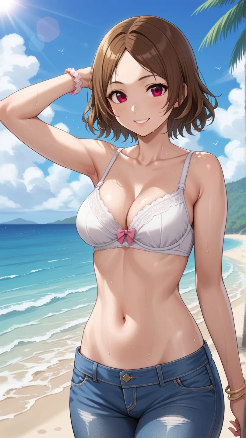 girl,(Miharu Hirano Tekken), brown hair, shorts jeans, beach bra , bracelet, Making an X sign, big boobs,  smile, sexy, perfect body,  sweating,