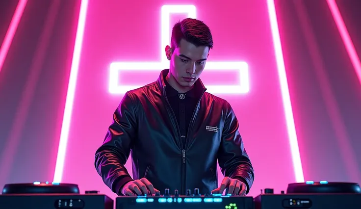 Futuristic aesthetic for men's Cyberpunk DJ, with a bright neon cross in the background