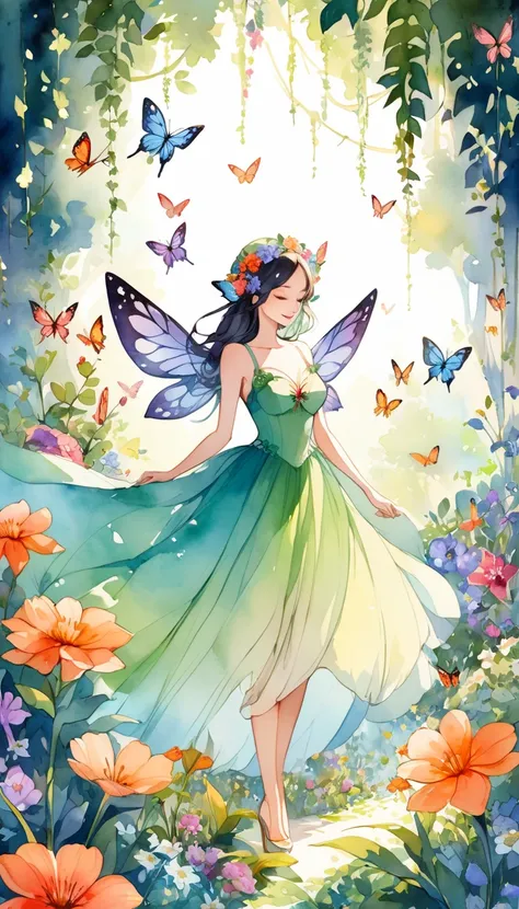  Beautiful Girl in a Fairy Costume, Surrounded by flowers and butterflies.  content:  watercolor.  style:  Quirky and Delicate , Like an illustration in a ren&#39;s book.