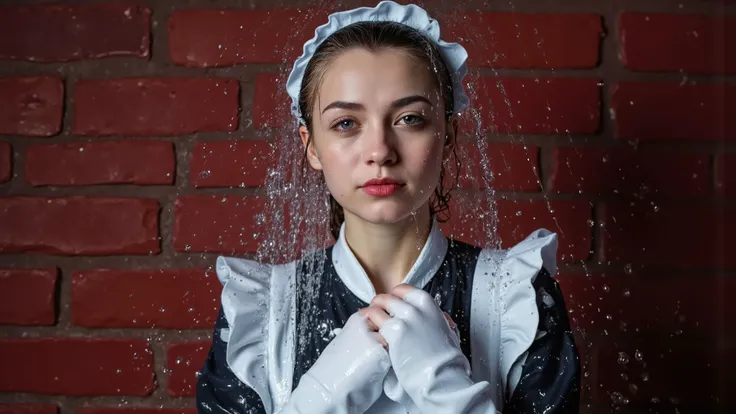 A beautiful young Japanese woman in a maid outfit stands in front of a dark red brick wall.  Water flies in from the side of the screen and splashes in her face, completely soaking her.  Close-up.