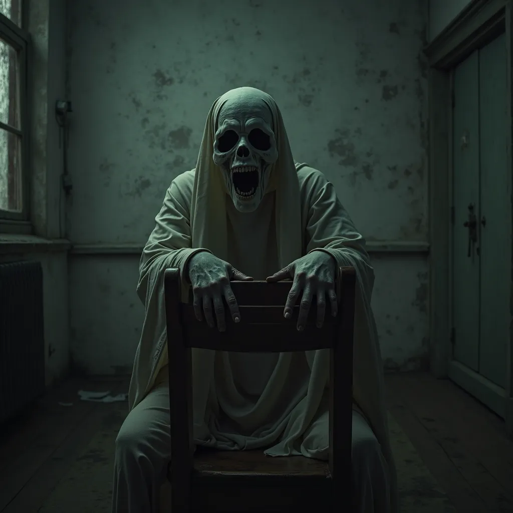  scary ghost . hands tied on the chair. shouting.  A room in an old house. 