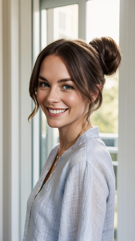 Sarah Desjardins, in blue and white linen, low-cut, bun hair, smiling