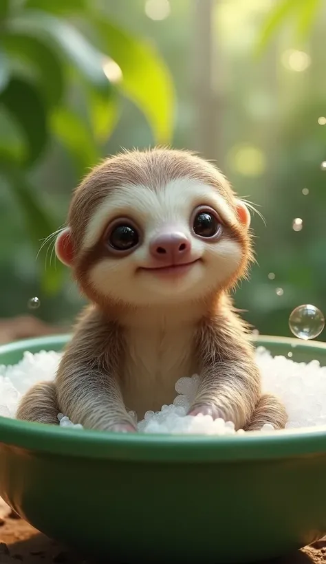 A hyper-realistic, close-up image of an adorable baby sloth with large, round, glossy eyes and a small pink nose, giving a cute and content smile. The sloth's damp fur is light brown with subtle highlights, slightly darker around the eyes. It is sitting in...