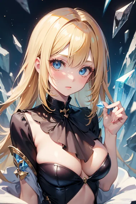 Blond female fortune teller with blue eyes　has a crystal in her hand