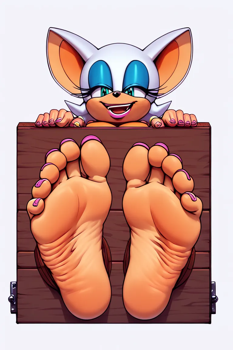 score_9, score_8_arriba,  Rouge the Bat, sonic, Alone , Alone,  dantegemini _ style,  focus on foot , barefoot, Pink toenails,biggest feet, toes, white background, masterpiece,  highres, having the soles of my feet stung by my hands, humanoid feet,Stocked,...