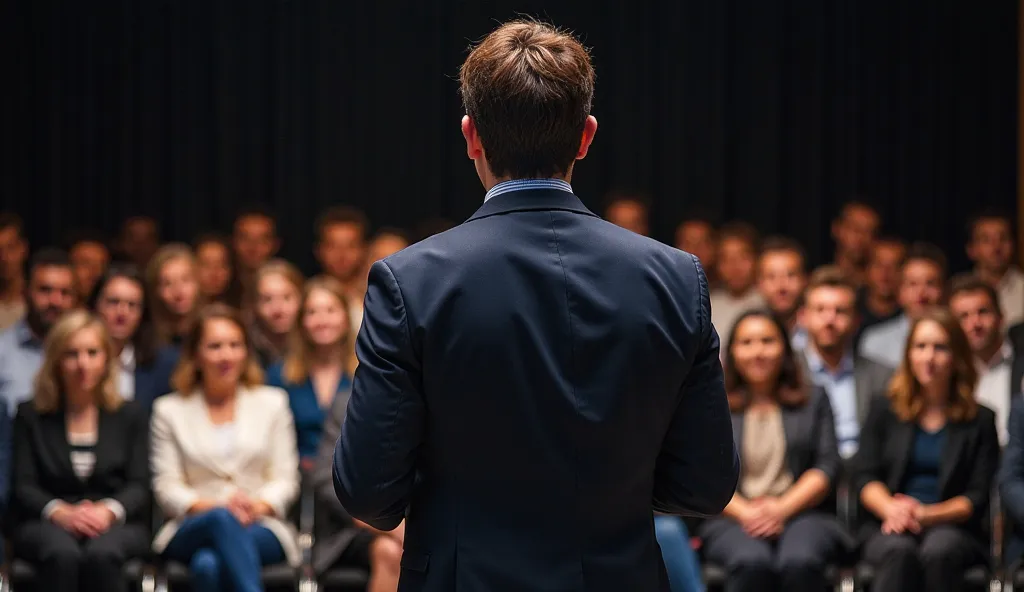 "A person on stage, giving a presentation for the first time at a business event, looking slightly nervous but determined. The audience is engaged, reflecting the courage of taking action despite the fear. --ar 16:9"