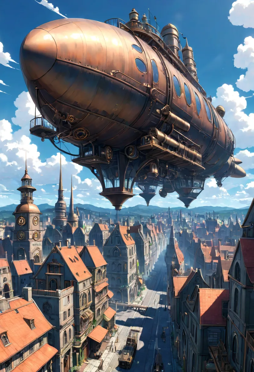 Super Detail, advanced details, high quality, 8k, Miyazaki style,  A steampunk-inspired city in the sky, Clouds and Diverse Buildings , Mysterious and technology--v 6 