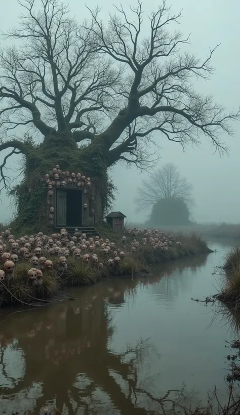 A dark and eerie island hidden in the middle of a foggy canal. The trees are twisted and lifeless, covered in hundreds of old, decaying dolls with cracked faces and hollow eyes. The atmosphere is unsettling, as mist rolls over the muddy ground. The murky w...