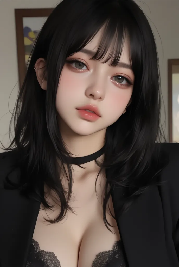 Black hair, blushing, shy, timid, sexy outfit, Hyperrealism, film grain, bokeh, Sony FE, masterpiece, high quality, high details