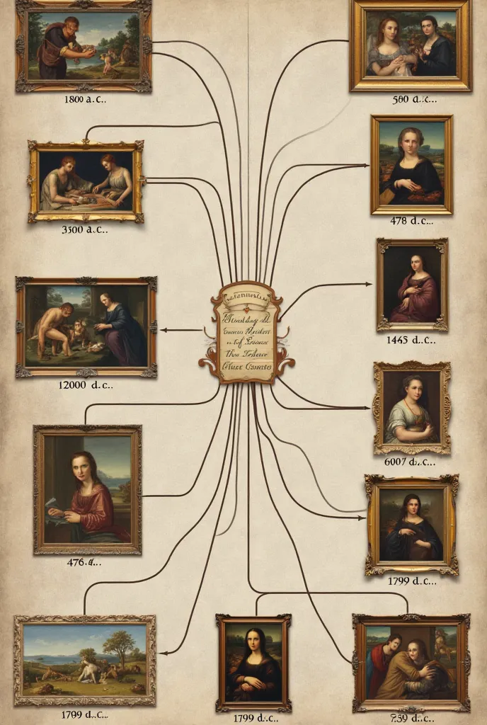 Make a mind map with paintings from each century following a historical division according to the centuries: 3.000.000 a.c., 3.500 A.c., 476 d .c, 1453 d.c. and 1789 d.c. and under the paintings I want to have: Name of the work, author,  Date and Place .