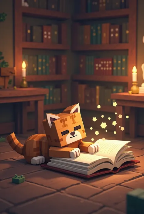 A cute brown Minecraft-style cat lying on the ground, appearing lifeless, with its head covered by an open enchanted book. The cat has soft blocky fur with a mix of light and dark brown shades, small pixelated paws stretched out, and a tiny tail curled to ...