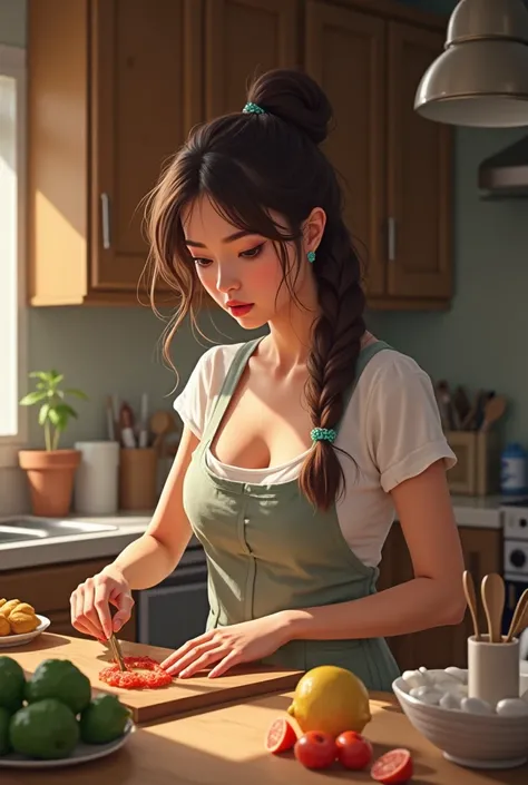 A girl doing cooking and makeup 