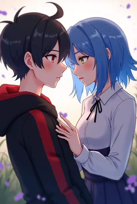 yukihana lamy a girl wearing semi formal clothes with blue hair yellow eyes leaning closer to shu a boy with black hair with red eyes while wearing a black and red hoodie 