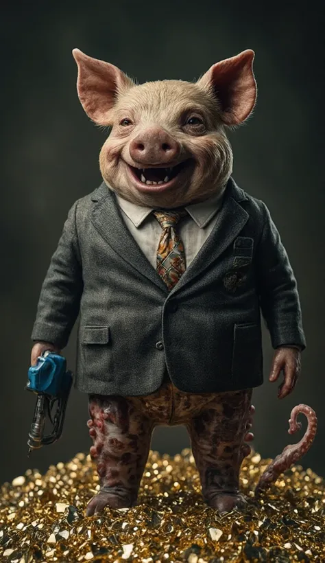 an ugly face pig head and octopus body, the pig is ugly laughing, with businessman suit, its lower body is octopus, it has tentacles, tentacles holding a blue color gasoline nozzle, standing on piles of gold, dark image of a gasoline corruptor, grafter, te...