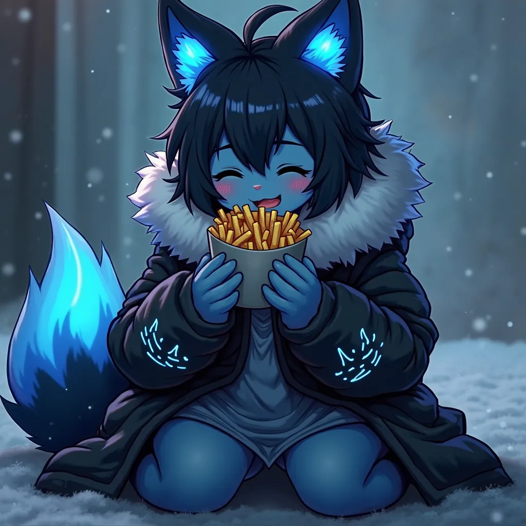 high quality, furry, dark blue skin, wolf furry, female, fluffy tale blue glowing end, high details ,light blue glowing symbols on body, dark blue hair with glowing light blue ends, light blue glowing fluff, high quality, 8K Ultra HD, crisp lines, sharp fo...