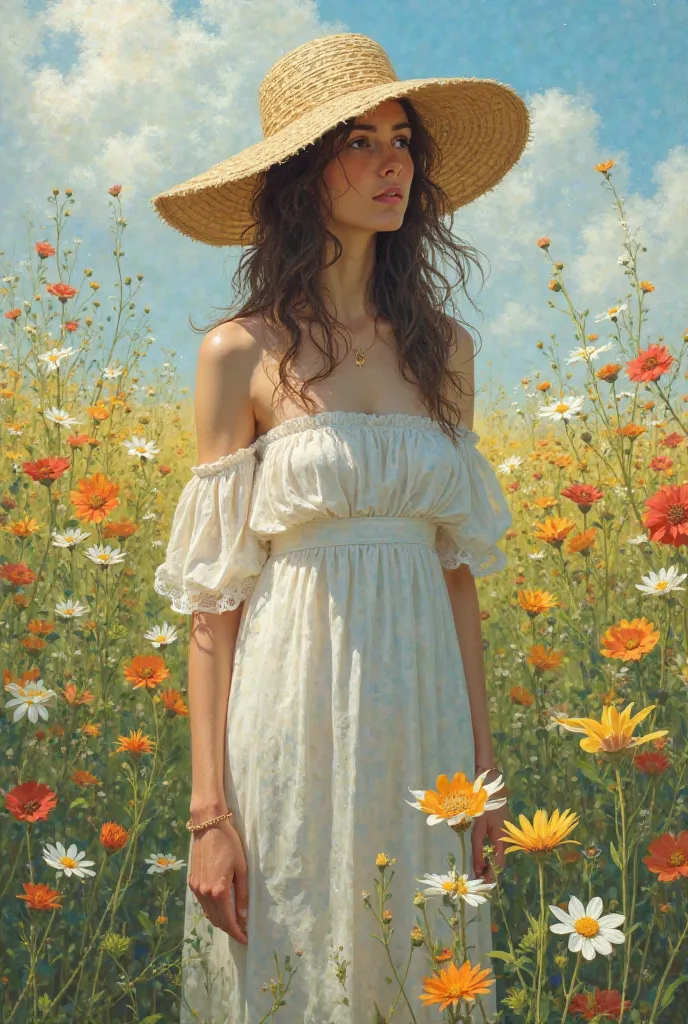 Muse in a white dress wearing a straw hat in a field of flowers does not see the face 