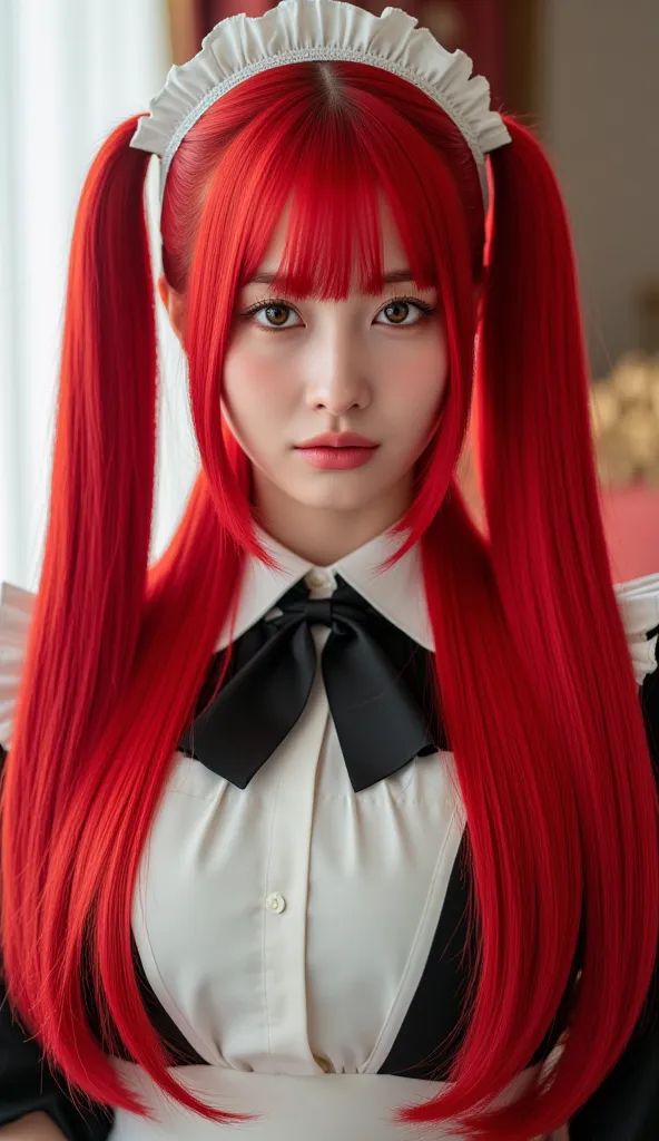  Silky Smooth Hair 、Bright red long hair、hairstyle is straight、long hair that reaches the chest、、maid clothes、twin tails、