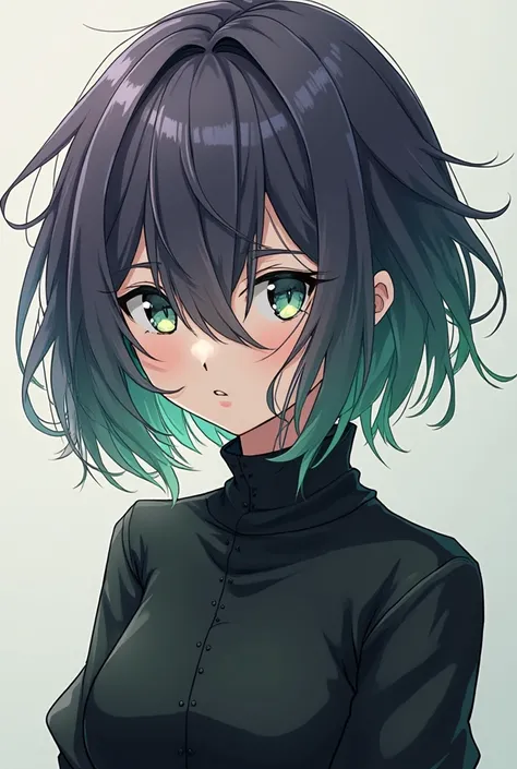 An anime girl who has short but messy green and purple, but with such long bangs  ,Your eyes can't be seen at all 

Wearing black clothes 

Adult girl anime version
