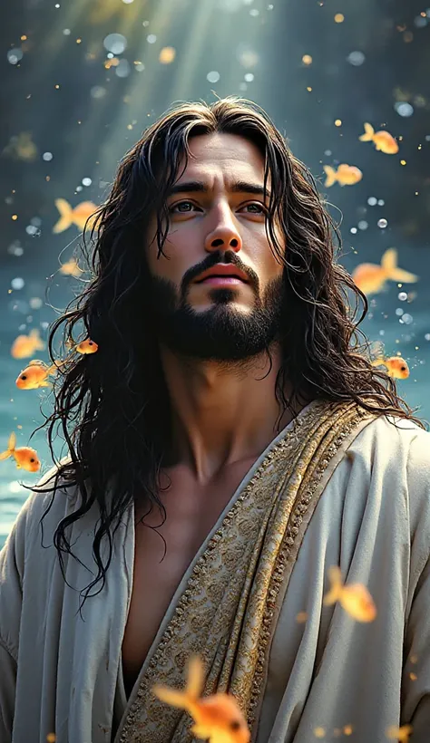 A hyper-realistic, ultra-detailed, vibrant 8K depiction of handsome Jesus Christ standing in the water, illuminated by divine light. His dark, wavy hair flows beautifully in the wind, framing his radiant, serene face. Glowing fish swim gracefully in the wa...