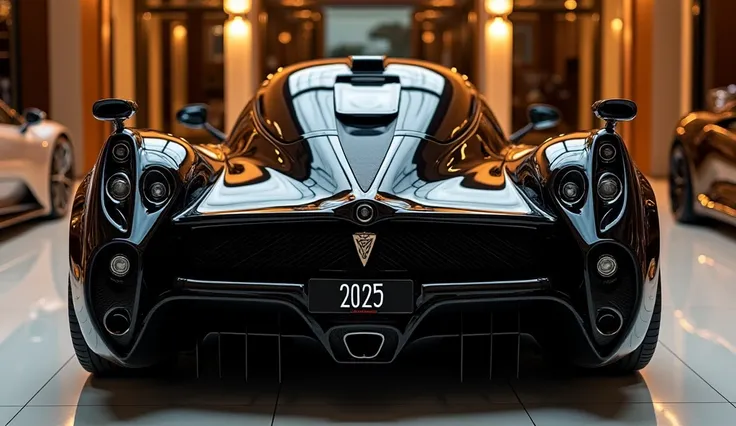   "A luxurious, camera (2025 Pagani zonda HP Barchetta) with a bold and modified design, featuring a (black) shiny polished exterior. In the (back) view, the car modified front is highlighted, showcasing a custom (back) with an aggressive design. The featu...