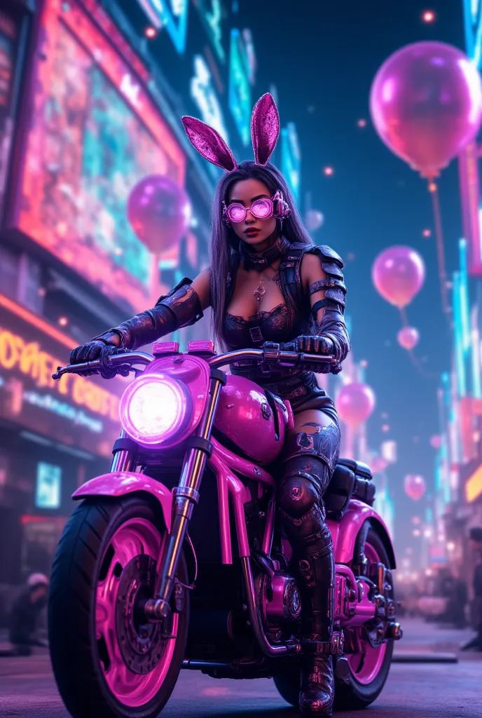 The image of a sexy cyberpunk woman riding a glowing pink motorbike amid a futuristic city full of neon lights. She wears a black and pink leather dress, has a rabbit ear earpiece with reflective high-tech glasses, lights from holographic signs around her ...