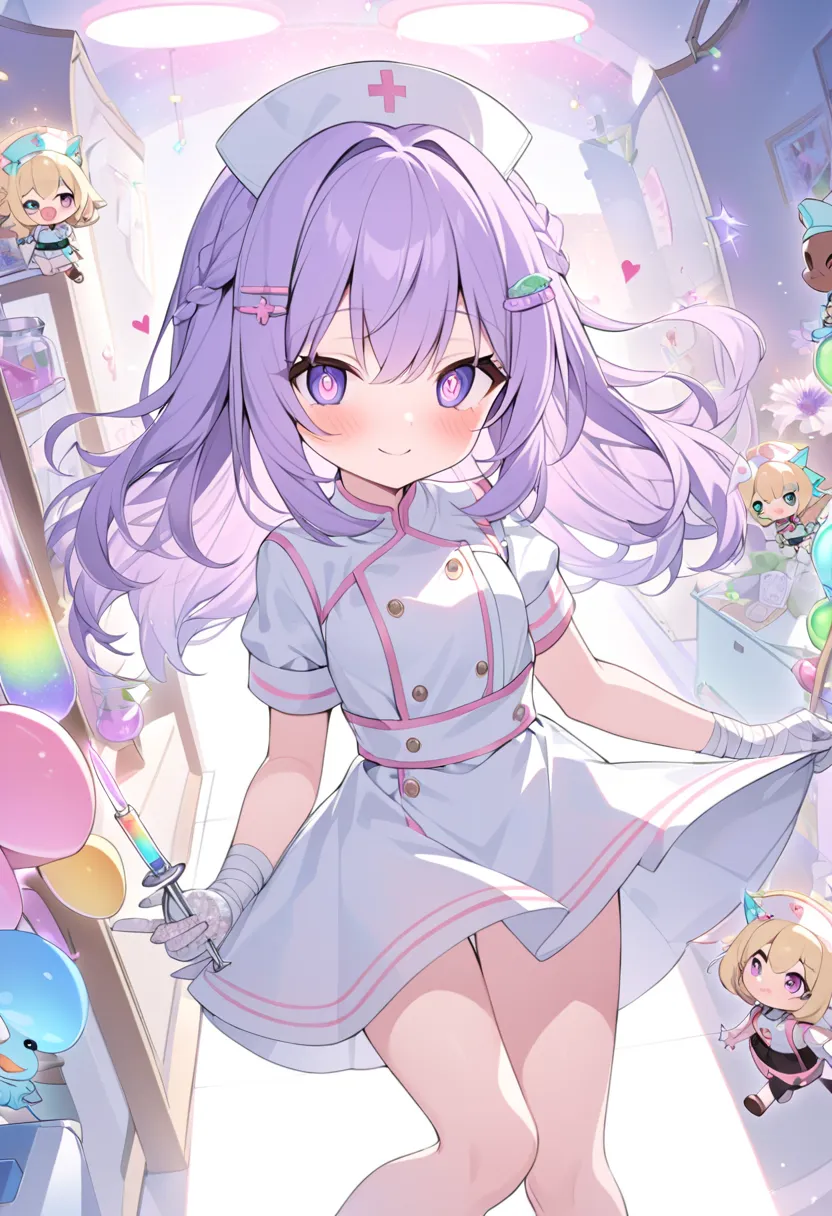 "Wholesome anime-style character, A lavender-haired medical fairy with heart-pupil eyes, wearing professional nurse uniform in pristine white with elegant lace accents, knee-length skirt flowing with subtle wind effects, decorative cross-shaped hairpin emi...