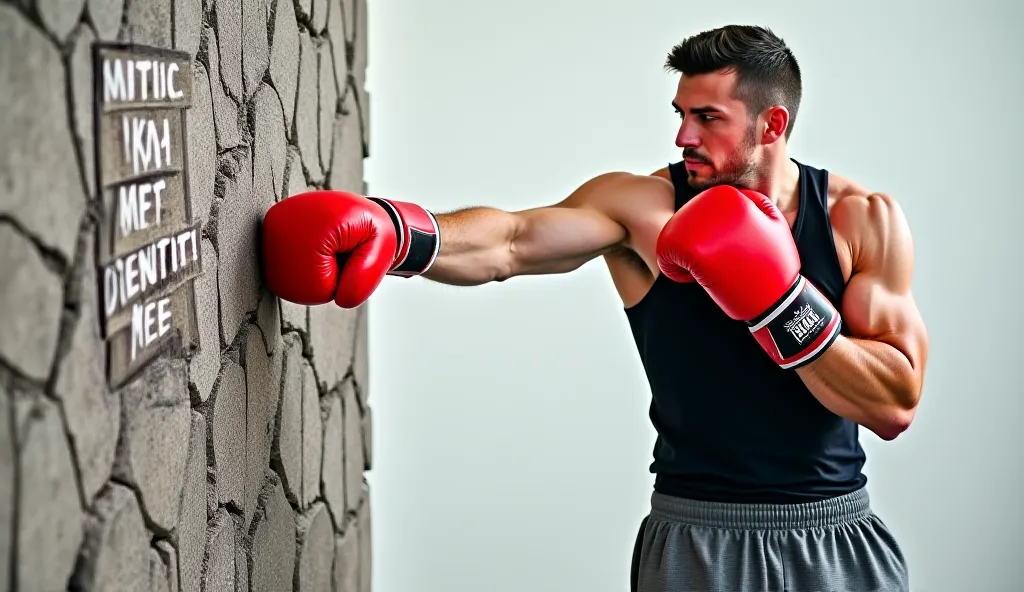 Create an eye-catching real image of a muscular man delivering a powerful punch to a large, cracked stone wall. The man should be wearing a black tank top and gray athletic pants. His right arm is extended forward, striking the wall with a red boxing glove...