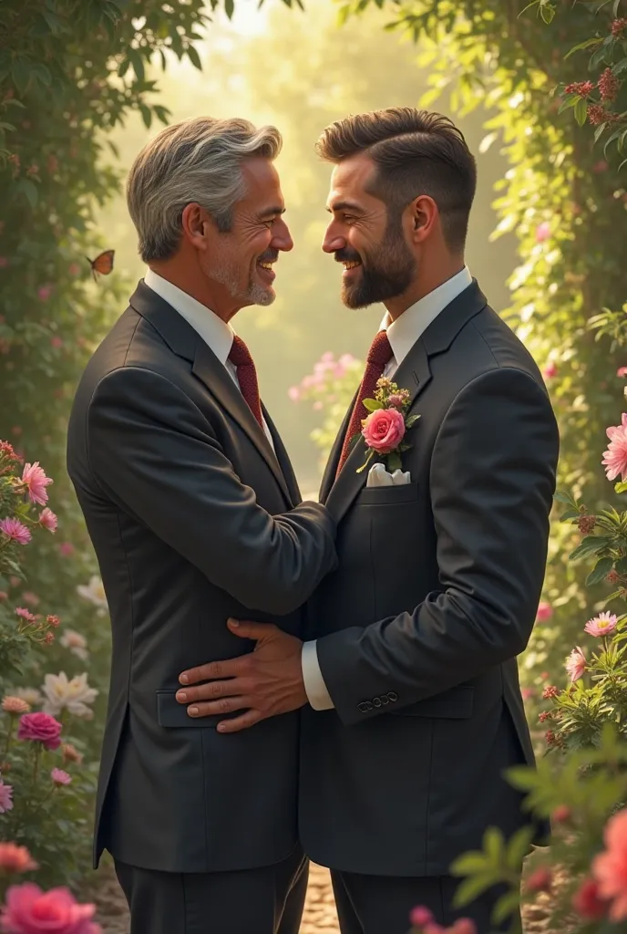 50-year-old mature gay man dressed in a suit makes up with his handsome 30-year-old boyfriend in the garden