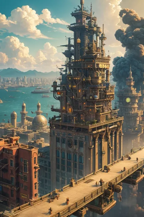 Super Detail, advanced details, high quality, 8k, Miyazaki style,  A steampunk-inspired city in the sky, Clouds and Diverse Buildings , Mysterious and technology--v 6 