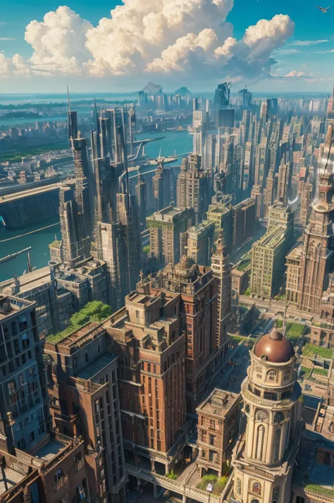 Super Detail, advanced details, high quality, 8k, Miyazaki style,  A steampunk-inspired city in the sky, Clouds and Diverse Buildings , Mysterious and technology--v 6 