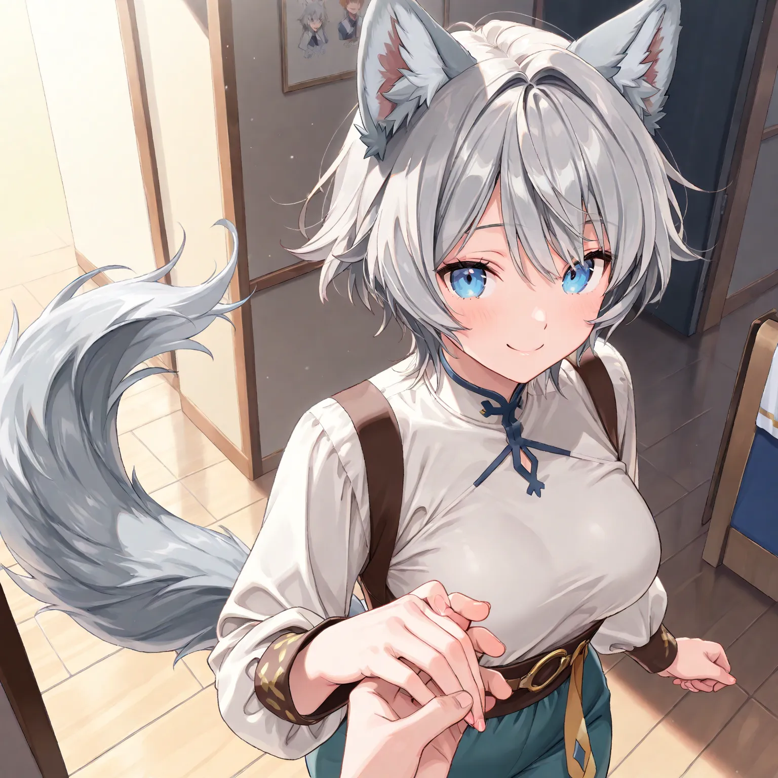 ((masterpiece)), (( Best Quality)), (( Hi-Res)), 、8k、((   Detailed Description  )),  adult female 20s、1 person(  wolf ear、gray hair、 shortcuts、 short hair 、 straight 、Blue Eyes、 wolf tail 、cute、、medium breasts)、(( plain clothes 、smile、 holding hands、))