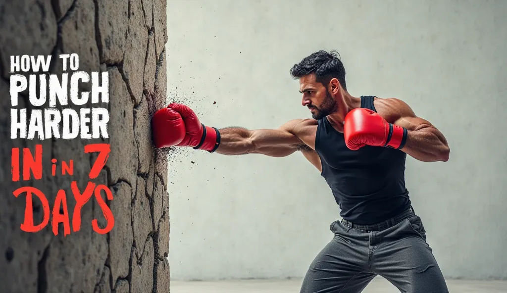 Create an eye-catching real image of a muscular man delivering a powerful punch to a large, cracked stone wall. The man should be wearing a black tank top and gray athletic pants. His right arm is extended forward, striking the wall with a red boxing glove...