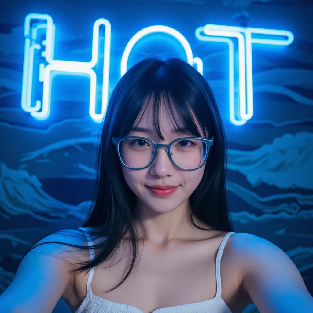 amateur shot, above her creative text big neon blue light read "HOT". a pov of taking an instagram selfie a woman , againts a wave paterned wall , without make up, slight smile with slight open mouth, she has long black hair with bangs, wearing square glas...