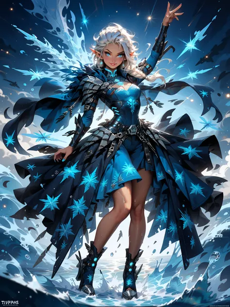 (from front, full body, look at viewer) beautiful witch( Charming Smile ,  Silver Hair,brown skin,slender on the background,curved proportions),((dynamic pose shooting a blue glowing shooting a blue glowing frozen droplets from her hand, cinematic lighting...